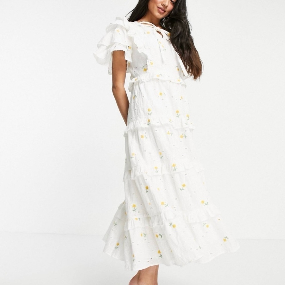 Just Me Eyelet Embroidered Midi Dress Floral Size XS Layered Ruffle spring